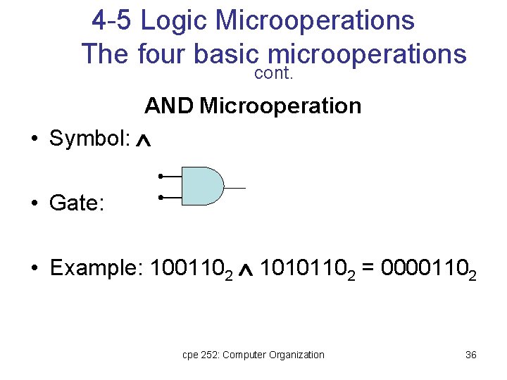 4 -5 Logic Microoperations The four basic microoperations cont. AND Microoperation • Symbol: • 4 -5 Logic Microoperations The four basic microoperations cont. AND Microoperation • Symbol: •