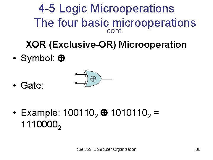 4 -5 Logic Microoperations The four basic microoperations cont. XOR (Exclusive-OR) Microoperation • Symbol: 4 -5 Logic Microoperations The four basic microoperations cont. XOR (Exclusive-OR) Microoperation • Symbol: