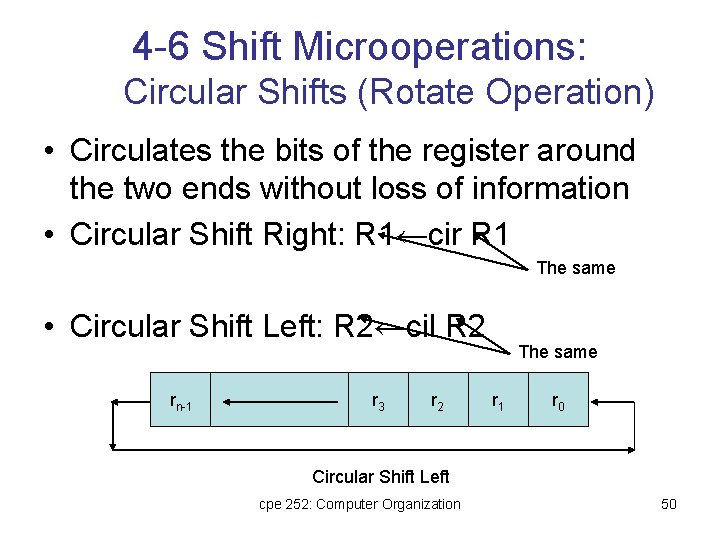 4 -6 Shift Microoperations: Circular Shifts (Rotate Operation) • Circulates the bits of the 4 -6 Shift Microoperations: Circular Shifts (Rotate Operation) • Circulates the bits of the