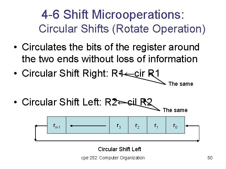 4 -6 Shift Microoperations: Circular Shifts (Rotate Operation) • Circulates the bits of the