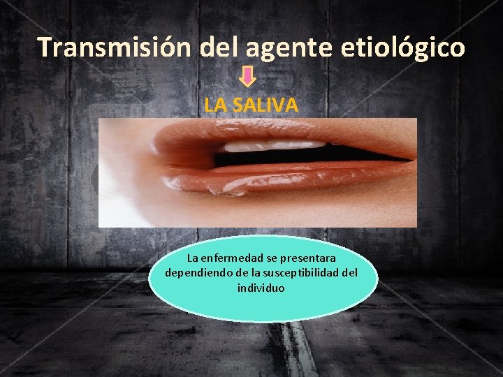 Transmisión del agente etiológico LA SALIVA La enfermedad se presentara dependiendo de la susceptibilidad