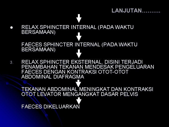 LANJUTAN………. l RELAX SPHINCTER INTERNAL (PADA WAKTU BERSAMAAN) FAECES SPHINCTER INTERNAL (PADA WAKTU BERSAMAAN)