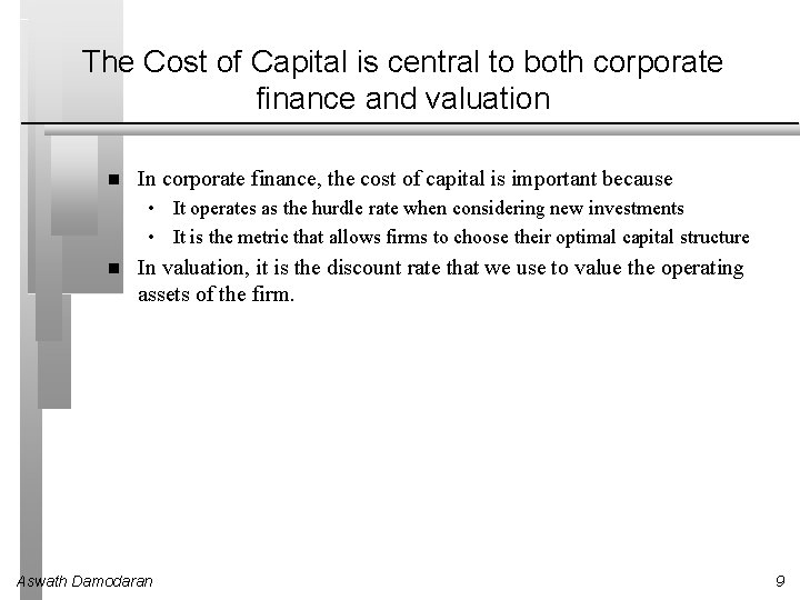 The Cost of Capital is central to both corporate finance and valuation In corporate