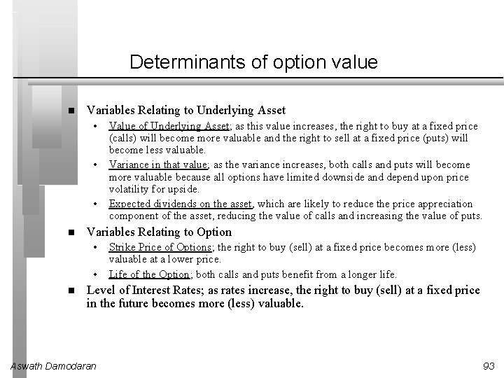 Determinants of option value Variables Relating to Underlying Asset • • • Variables Relating