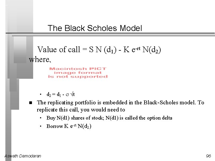 The Black Scholes Model Value of call = S N (d 1) - K