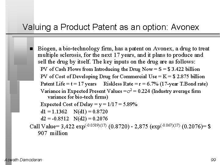 Valuing a Product Patent as an option: Avonex Biogen, a bio-technology firm, has a