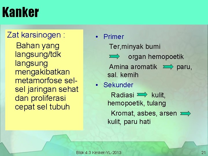 Kanker Zat karsinogen : Bahan yang langsung/tdk langsung mengakibatkan metamorfose selsel jaringan sehat dan