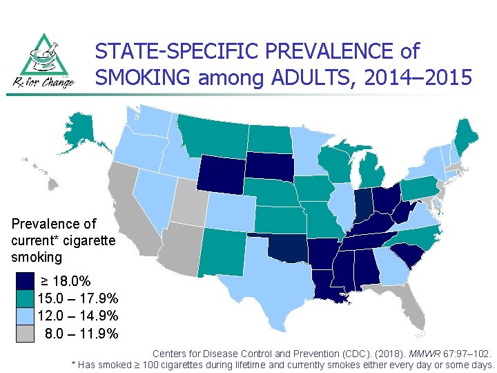 STATE-SPECIFIC PREVALENCE of SMOKING among ADULTS, 2014– 2015 Prevalence of current* cigarette smoking `