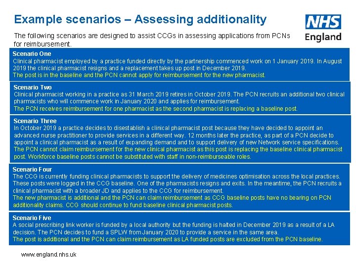Example scenarios – Assessing additionality The following scenarios are designed to assist CCGs in