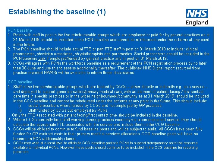 Establishing the baseline (1) PCN baseline 1. Roles with staff in post in the