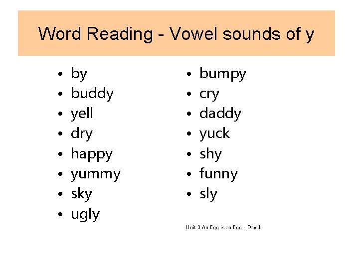 Word Reading - Vowel sounds of y • • by buddy yell dry happy