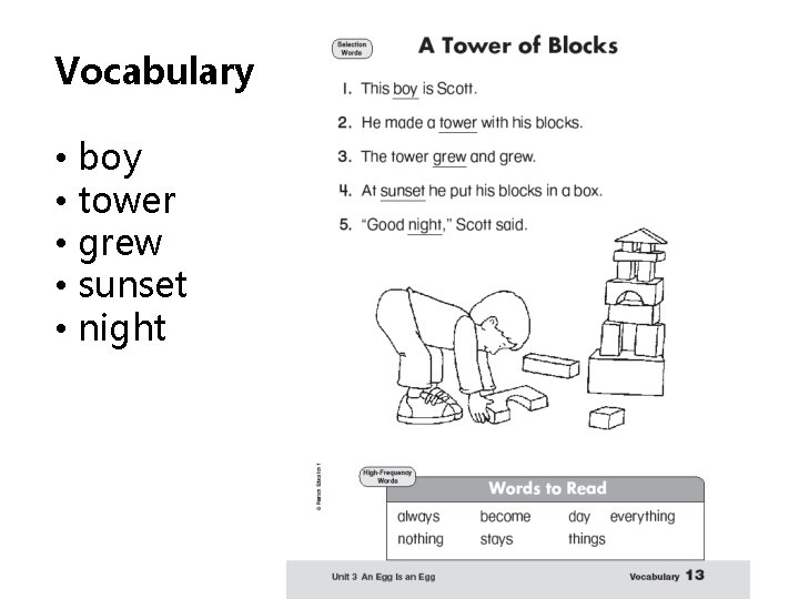 Vocabulary • boy • tower • grew • sunset • night 