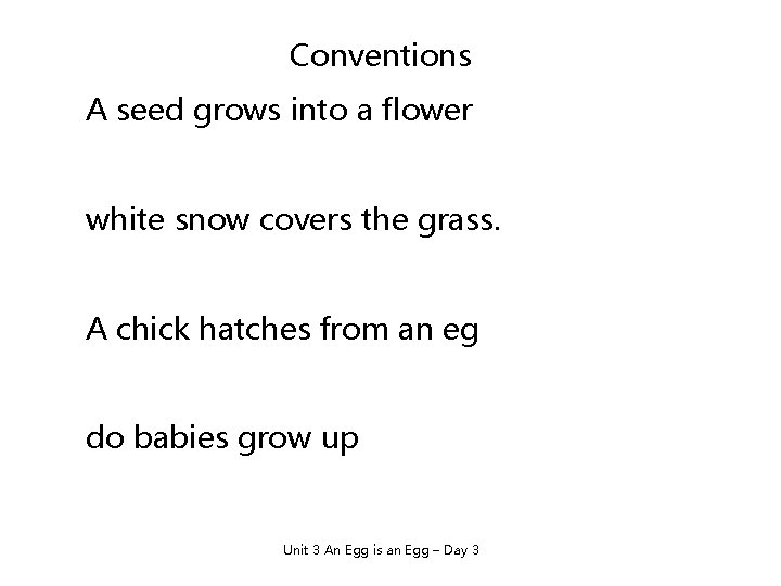 Conventions A seed grows into a flower white snow covers the grass. A chick