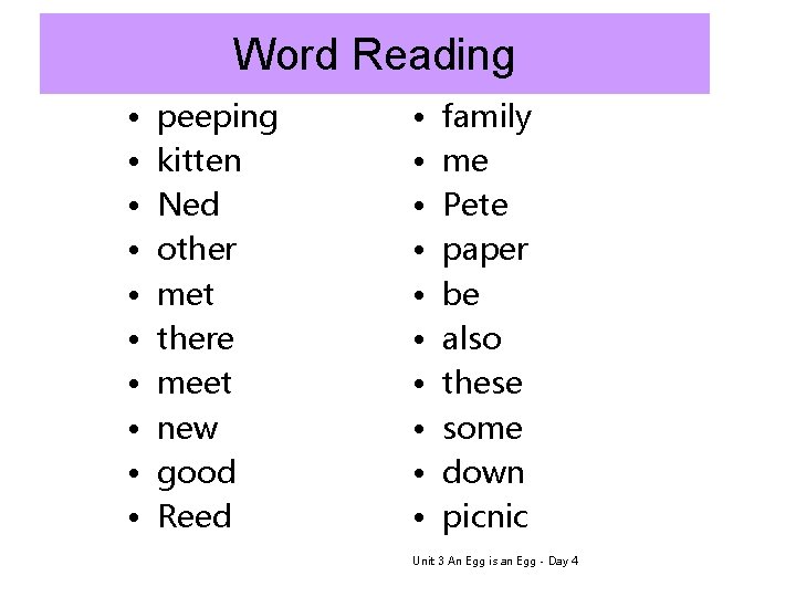 Word Reading • • • peeping kitten Ned other met there meet new good