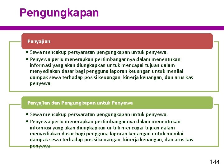 Pengungkapan Penyajian • Sewa mencakup persyaratan pengungkapan untuk penyewa. • Penyewa perlu menerapkan pertimbangannya