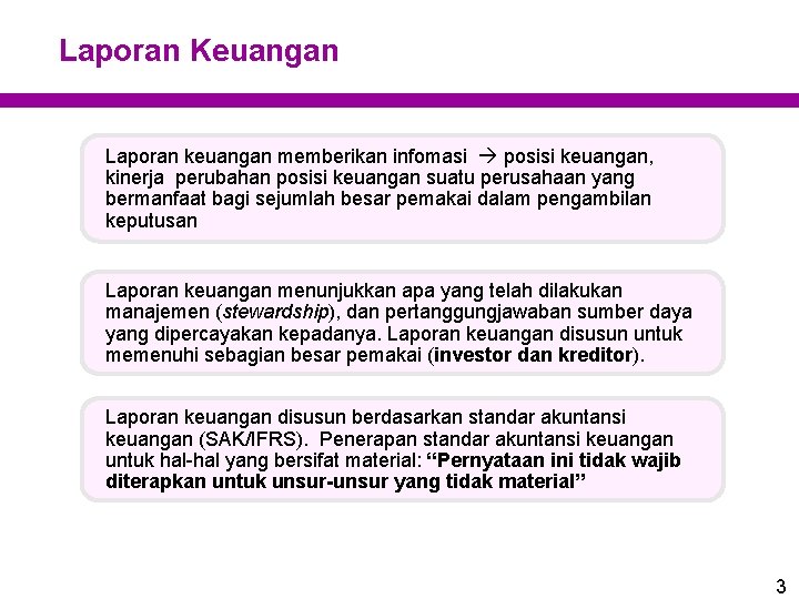 Laporan Keuangan Laporan keuangan memberikan infomasi posisi keuangan, kinerja perubahan posisi keuangan suatu perusahaan