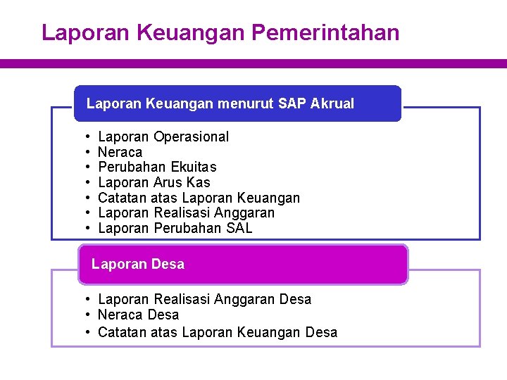 Laporan Keuangan Pemerintahan Laporan Keuangan menurut SAP Akrual • • Laporan Operasional Neraca Perubahan
