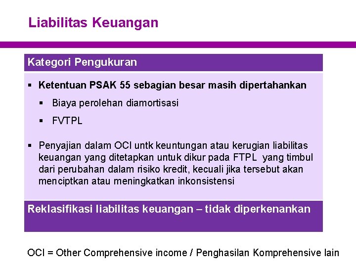 Liabilitas Keuangan Kategori Pengukuran § Ketentuan PSAK 55 sebagian besar masih dipertahankan § Biaya