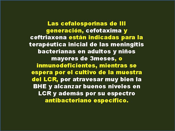 Las cefalosporinas de III generación, cefotaxima y ceftriaxona están indicadas para la terapéutica inicial