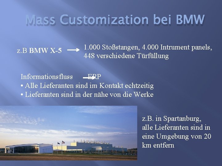 Mass Customization bei BMW z. B BMW X-5 1. 000 Stoßstangen, 4. 000 Intrument