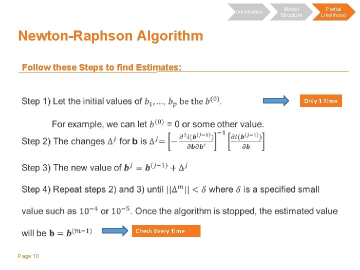 Introduction Model Structure Partial Likelihood Newton-Raphson Algorithm Follow these Steps to find Estimates: Only