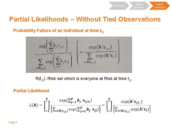 Introduction Model Structure Partial Likelihoods – Without Tied Observations Probability Failure of an Individual