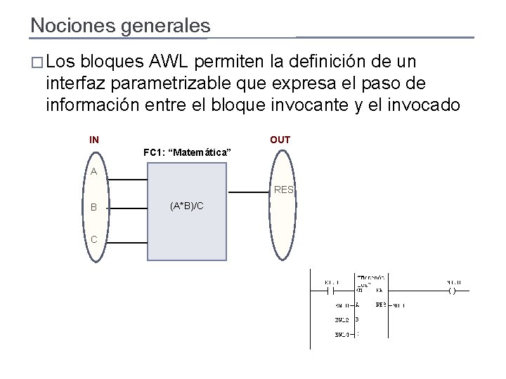 Nociones generales � Los bloques AWL permiten la definición de un interfaz parametrizable que