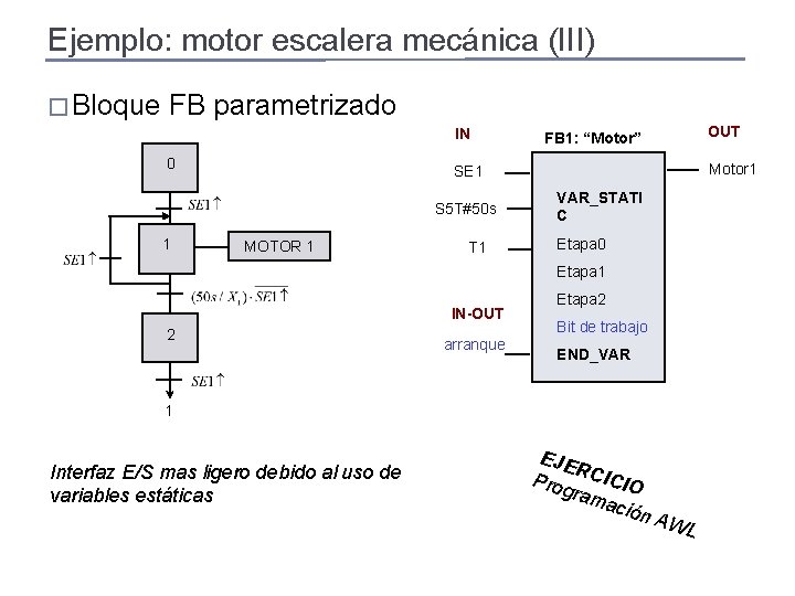 Ejemplo: motor escalera mecánica (III) � Bloque FB parametrizado IN 0 MOTOR 1 T