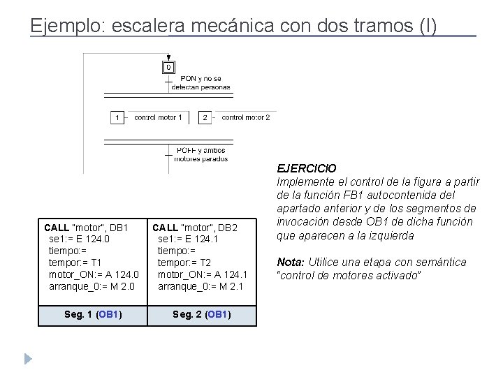 Ejemplo: escalera mecánica con dos tramos (I) CALL “motor”, DB 1 se 1: =