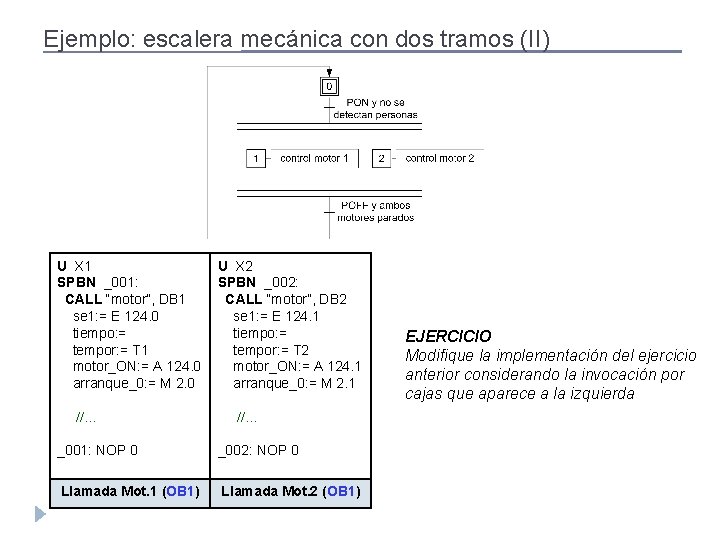 Ejemplo: escalera mecánica con dos tramos (II) U X 1 SPBN _001: CALL “motor”,