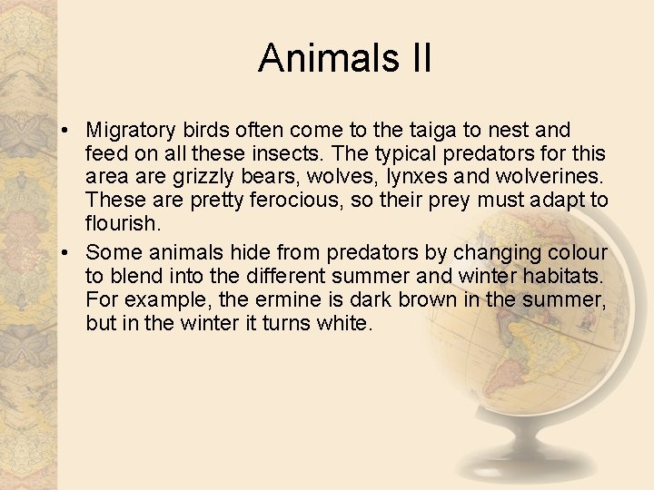 Animals II • Migratory birds often come to the taiga to nest and feed