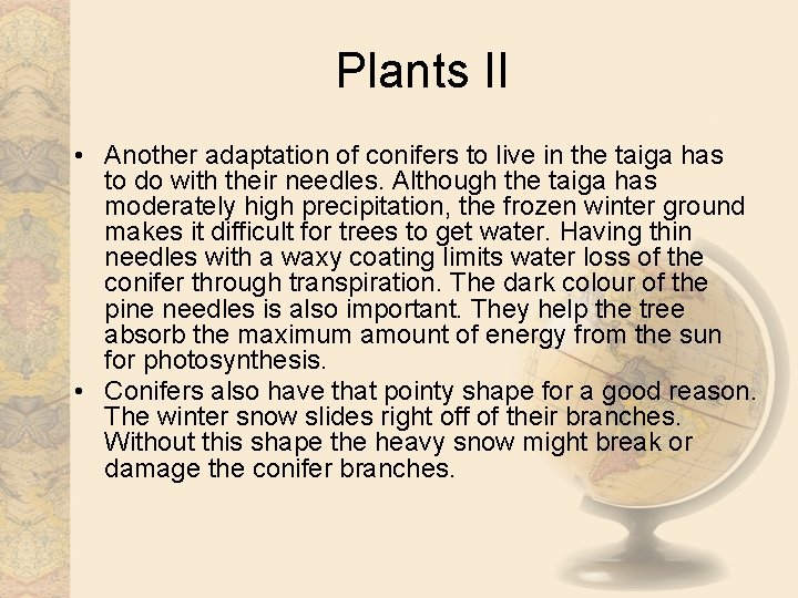 Plants II • Another adaptation of conifers to live in the taiga has to