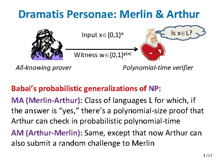 Dramatis Personae: Merlin & Arthur Input x {0, 1}n Is x L? Witness w