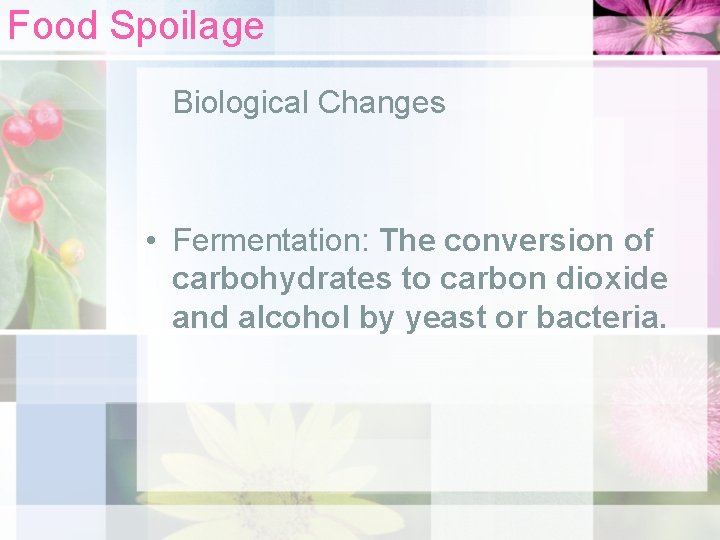 Food Spoilage Biological Changes • Fermentation: The conversion of carbohydrates to carbon dioxide and