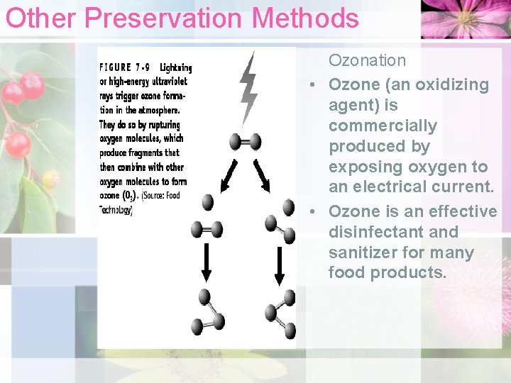 Other Preservation Methods Ozonation • Ozone (an oxidizing agent) is commercially produced by exposing