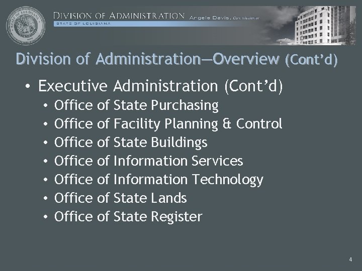 Division of Administration—Overview (Cont’d) • Executive Administration (Cont’d) • • Office Office of of