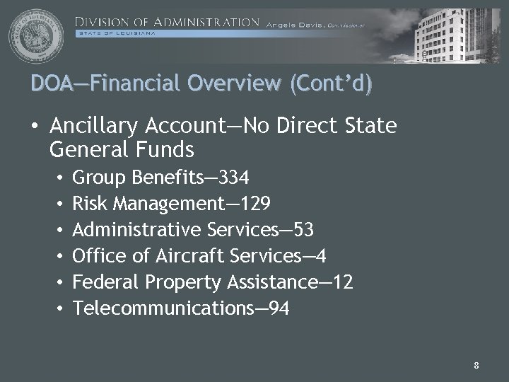 DOA—Financial Overview (Cont’d) • Ancillary Account—No Direct State General Funds • • • Group