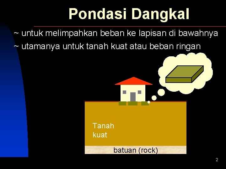 Pondasi Dangkal ~ untuk melimpahkan beban ke lapisan di bawahnya ~ utamanya untuk tanah