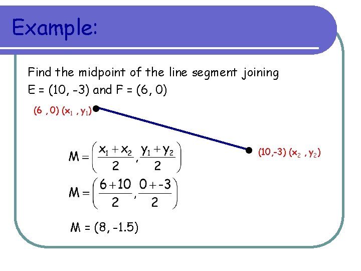 Example: Find the midpoint of the line segment joining E = (10, -3) and