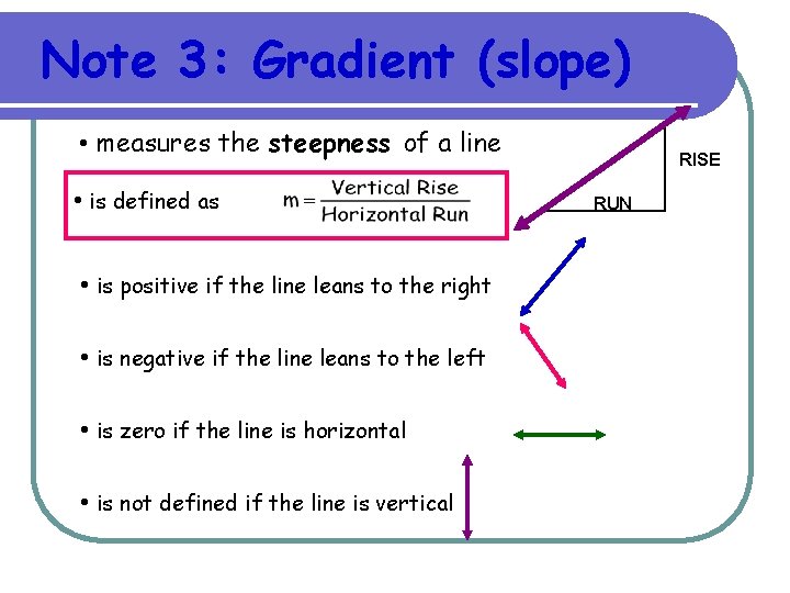 Note 3: Gradient (slope) • measures the steepness of a line • is defined