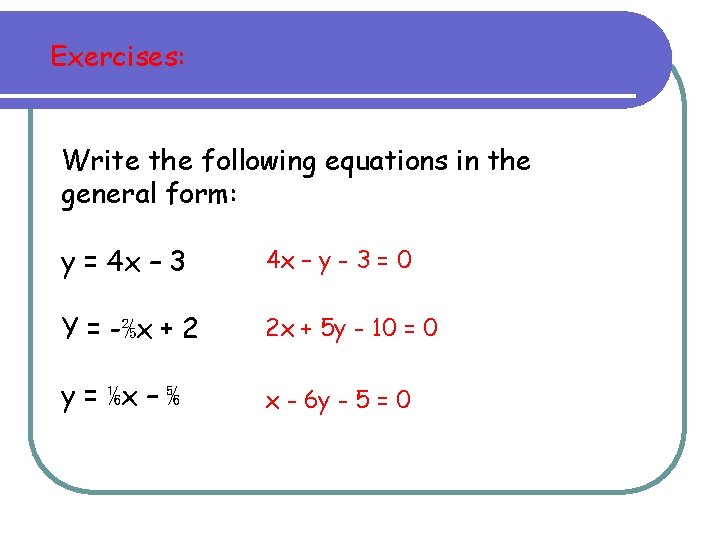Exercises: Write the following equations in the general form: y = 4 x –