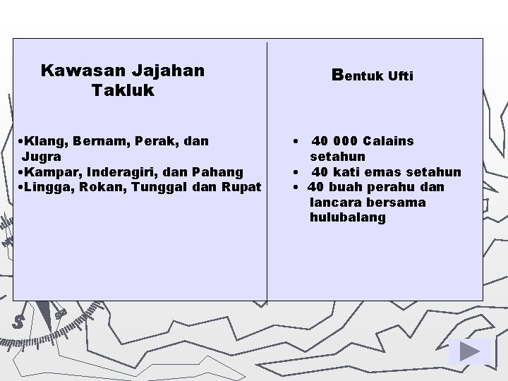 Kawasan Jajahan Takluk • Klang, Bernam, Perak, dan Jugra • Kampar, Inderagiri, dan Pahang