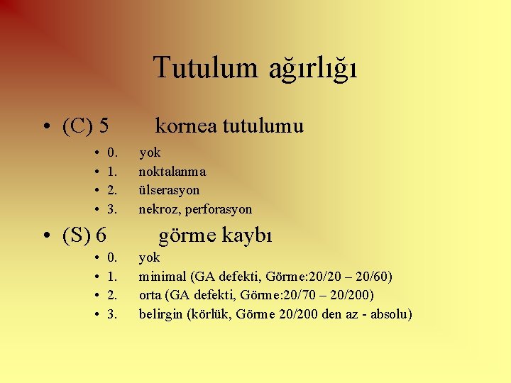 Tutulum ağırlığı • (C) 5 kornea tutulumu • • 0. yok 1. noktalanma 2.