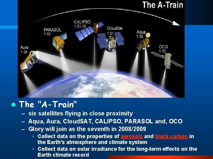 l The "A-Train" – six satellites flying in close proximity – Aqua, Aura, Cloud.