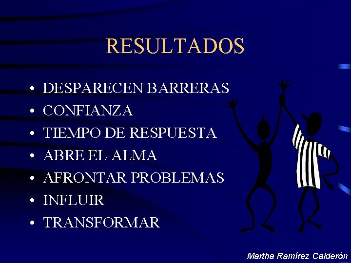 RESULTADOS • • DESPARECEN BARRERAS CONFIANZA TIEMPO DE RESPUESTA ABRE EL ALMA AFRONTAR PROBLEMAS