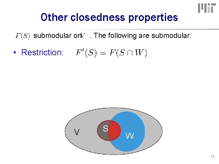 Other closedness properties submodular on . The following are submodular: • Restriction: VV SS
