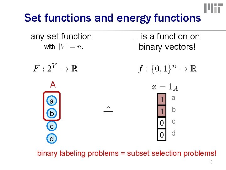 Set functions and energy functions any set function with . … is a function