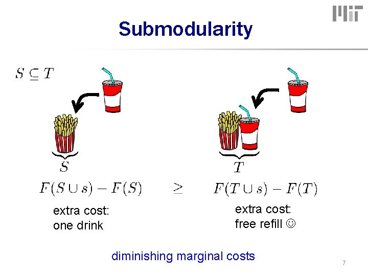 Submodularity extra cost: one drink extra cost: free refill diminishing marginal costs 7 