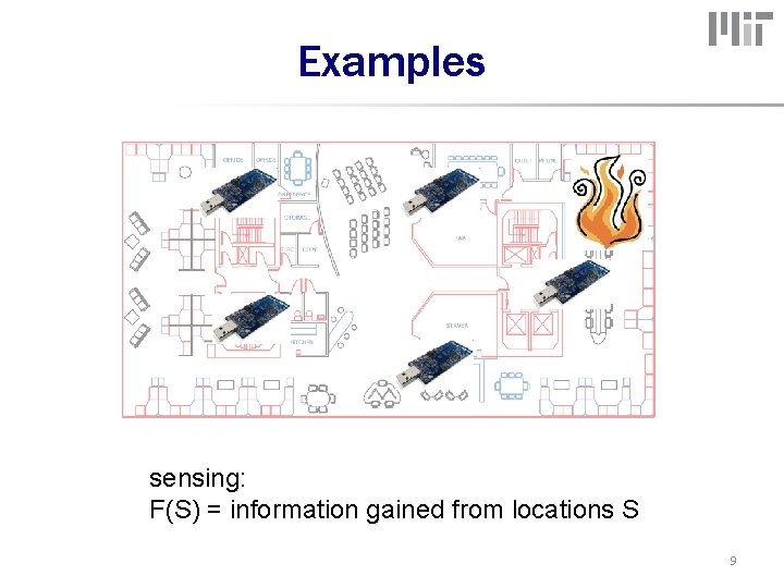 Examples sensing: F(S) = information gained from locations S 9 