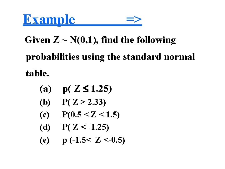 Example => Given Z ~ N(0, 1), find the following probabilities using the standard